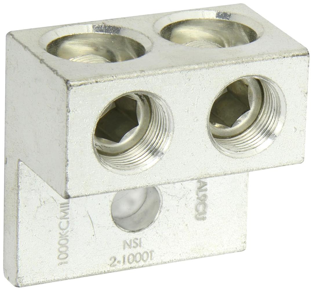 NSI 2-1000T Dual Rated Mechanical Double Lug, 1000-500 MCM Wire Range, 1/2" Mounting Hole, 3.19" Width, 1.88" Height, 3.25" Length