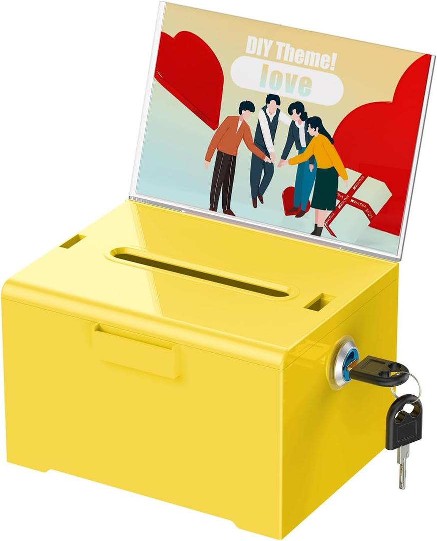 Uniclife Acrylic Donation Box with Lock and Sign Holder Yellow Ballot Box with Slot Plastic Suggestion Boxes Tip Jar Cash Storage Container Drop Chest for Fundraising Voting Raffle, 6.2" x 5" x 4" (1 Pack)