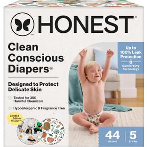 The Honest Company Comfort Dry Disposable Daytime Diapers for Sensitive Skin, Hypoallergenic, Fragrance-Free, Fall '25 Seasonal Prints, Club Box, Size 5 (27 lbs), 44 Count