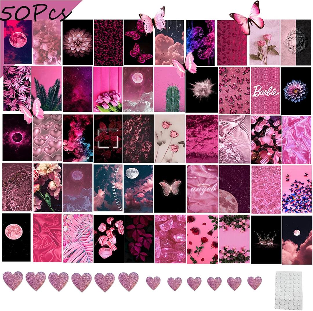 50PCS Black Bright Pink Wall Collage Black Bright Pink Photo Wall Collage Kit Photo Wall Collage Pink Aesthetic Pictures for Wall Collage Photo Collage Kit for Bedroom Photo Display 4x6 Inch