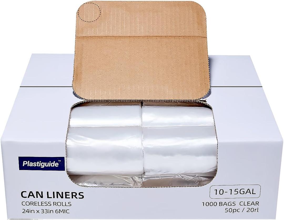 Clear Trash Can Liners, 10-15 Gallon, 24'' x 33'', Wholesale 1000 Count, High Density Garbage Bags for Bathroom, Office, Commercial and Industrial Use