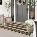 Striped Outdoor Front Door Mat 24"x51", Cotton Hand Woven Washable Black and Khaki Rug Runner, Reversible Foldable Indoor Layered Front Door Rugs for Entryway/Farmhouse/Home Entrance, 2'x4.3'
