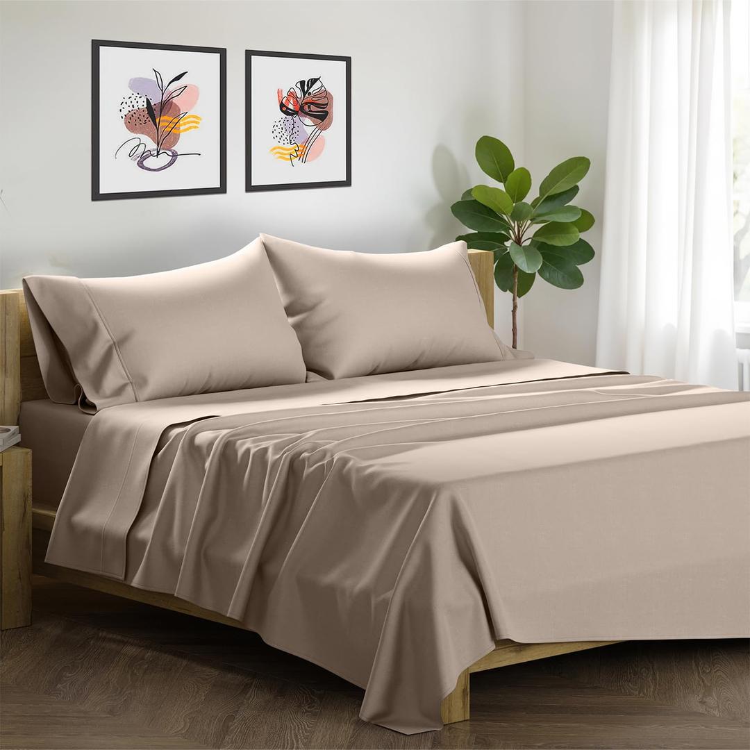 XOOX Linen King Sheet Set Egyptian Cotton - 1500 Thread Count 4 PC Egyptian Cotton Sheets King Size, Luxury Sateen Sheets, Cooling High Thread Count Deep Pocket Sheet, Fits Upto 19" - Taupe