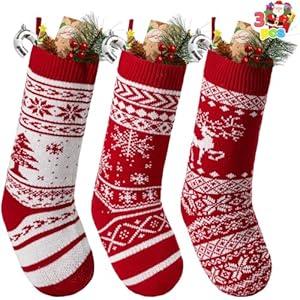 JOYIN 3 PCS 18” Knit Christmas Stockings, Reindeer/ Christmas Tree/ Snow Flakes Knitted Stocking Decorations for Holiday Tree Decor