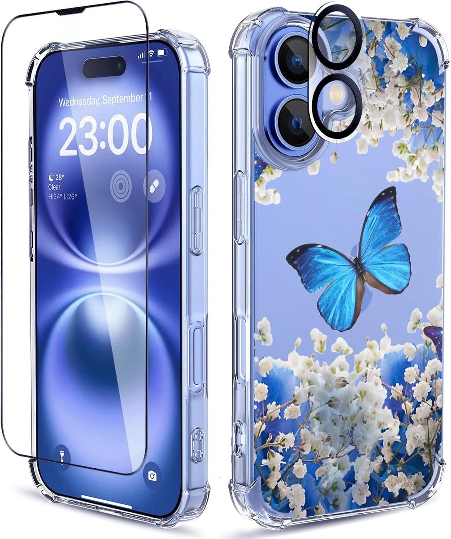 for iPhone 16 Case,[3 in 1] with Screen Protector & Camera Lens Protector, Flower Pattern Design,Clear Soft Shockproof Slim Floral Phone Cover for Women Girls 2024 6.1"(Butterfly/Blue)