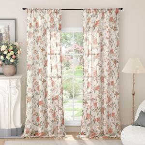 Lajode Floral Sheer Curtains for Living Room Window, Vintage Farmhouse Light Filtering Privacy Semi-Sheer Linen Curtains for Bedroom 84 Inch Length 2 Panels, Rod Pocket, Terracotta, Each 52 Inch Wide
