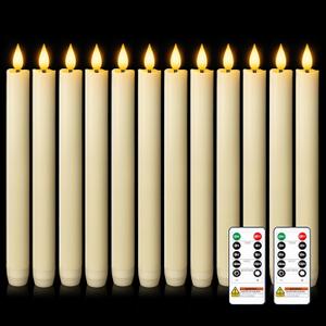 Homemory 12 Pcs Waxy Flameless Taper Candles with Remote, Flickering Battery Operated Taper Candles, Led Flameless Candlesticks Classic Tall Candle for Home, Wedding, Party, Ivory, 9.6 inches
