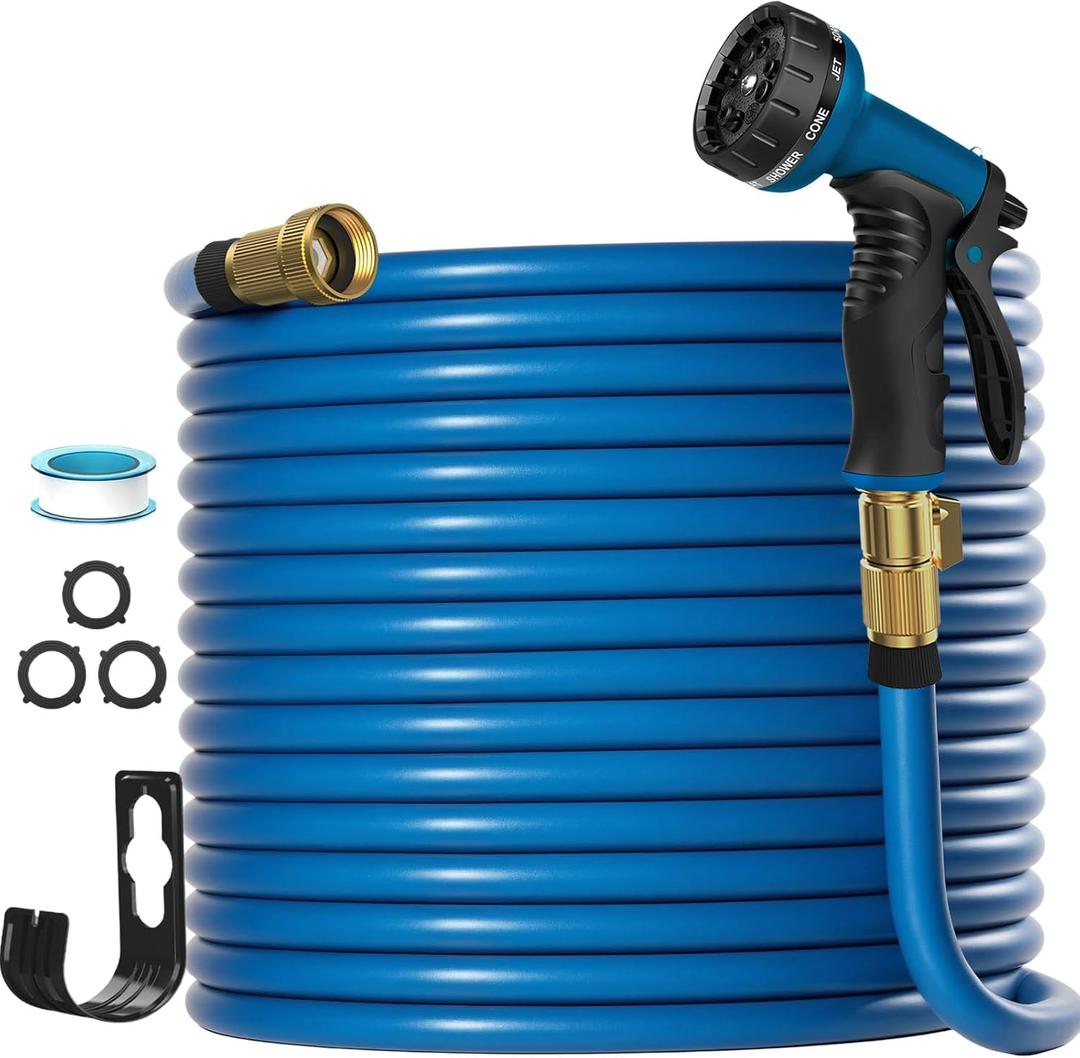 Garden Hose 100FT, Lightweight & Flexible Water Hose with 10-Pattern Spray Nozzle - Kink-Free, Leak-Proof, 3/4" Brass Fittings for Yard, Lawn, Car Washing, Gardening (Blue, Heavy Duty, All-Weather)