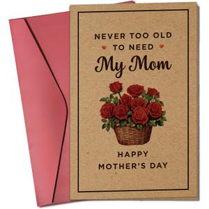 Mothers Day Cards for Mom from Daughter, Son - Mother's Day Card for Mom - Happy Mothers Days Cards from Kids - Single 5.3''x 8'' Flowers Folded Kraft Card with Red Envelope