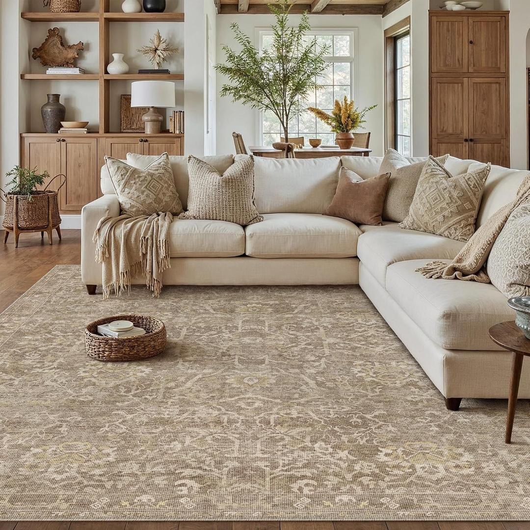 HUGEAR Area Rug 9x12 Light Brown Machine Washable Living Room Rugs Distressed Vintage Floral Vacuumable Low Pile Carpet Bedroom Office Dining Room Laundry Room Non Slip Soft Lightweight