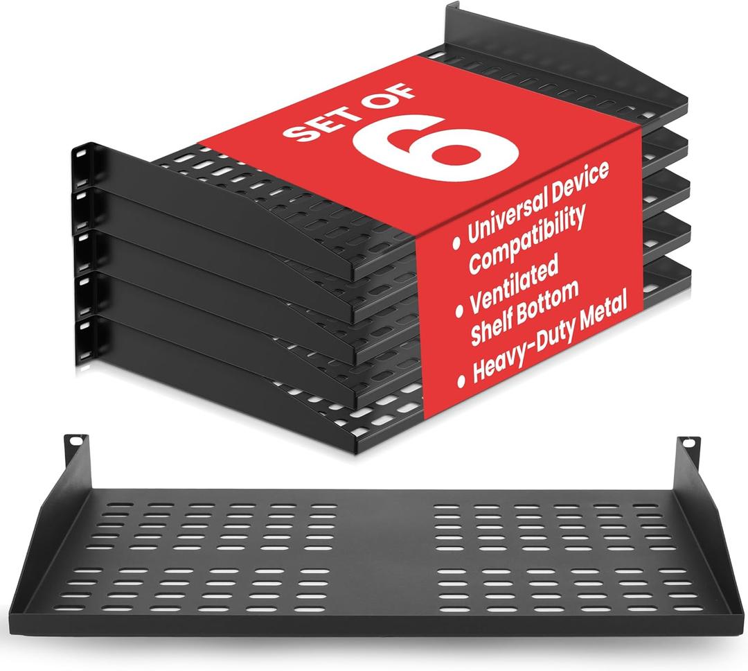 Pyle 19-Inch 1U Server Rack Shelf - 6 pcs. Vented Metal Shelves for Optimal Airflow, Wall or Rack MountableSupports up to 110 lbs, 17 x 10 Shelf Tray for Cabinets, Computers & Network Equipment
