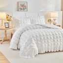 White Plaid Seersucker Comforter Set with Ruffled Fringe Twin Size, 3 Pieces Soft Fluffy Farmhouse Bedding Set for All Season, Twin Bed Set with Ruffle Shams (White, Twin)