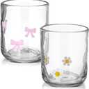 Skylety 2 Pack Icon Glass Cups Pink Bow Coquette and Daisy Flower Cups 14 Ounce Aesthetic Double Vintage Glasses for Woman Friend Party Scotch Liquor Cocktail Juice Water Drinks Party Favors