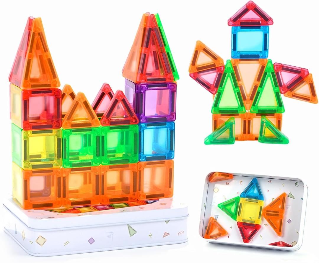ZNZ Mini Magnetic Tiles 48PCS Travel Set with Case, Portable Magnetic Blocks Building Toys, Montessori Preschool Classroom Must Haves Sensory STEM Toys, Birthday Gift for Boys Girls Ages 3-8