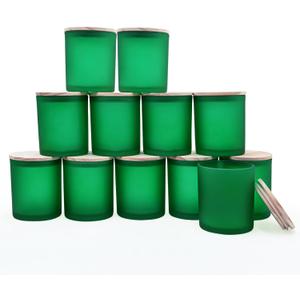 SHOWIN 14 OZ Thick Candle Jars for Making Candles 12 Pcs, 3 Wick Empty Jars with Wood Lids for Candle Making, Sample Container, Frosted Green
