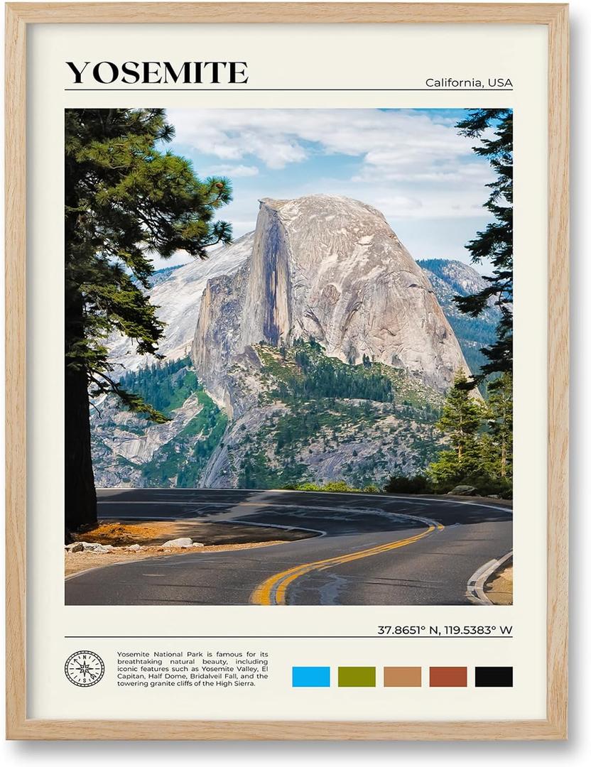 HesenDot Natural OAK Wood Yosemite National Park Framed Wall Art,12x16in Natural Scenery Canvas Wall Print,Classic Urban Landmark Wall Decor for Living Room,Bedroom,Office Gallery Gifts Set of 1