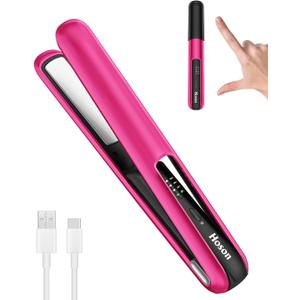 Hoson Cordless Hair Straightener,Portable Mini Flat Iron Travel for Bangs,Short Hair, Rechargeable Curling Iron and Curler 2 in 1,Hot Pink,for Touch Ups