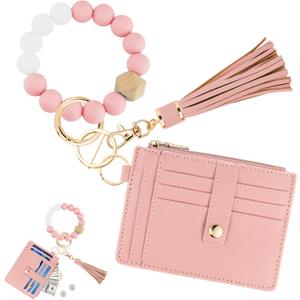 KNGITRYI Wallet Keychain Wristlet for Women,Slim RFID Credit Card Holder Purse Tassel Keychain Bangle Key Ring for Men Women (Pink)