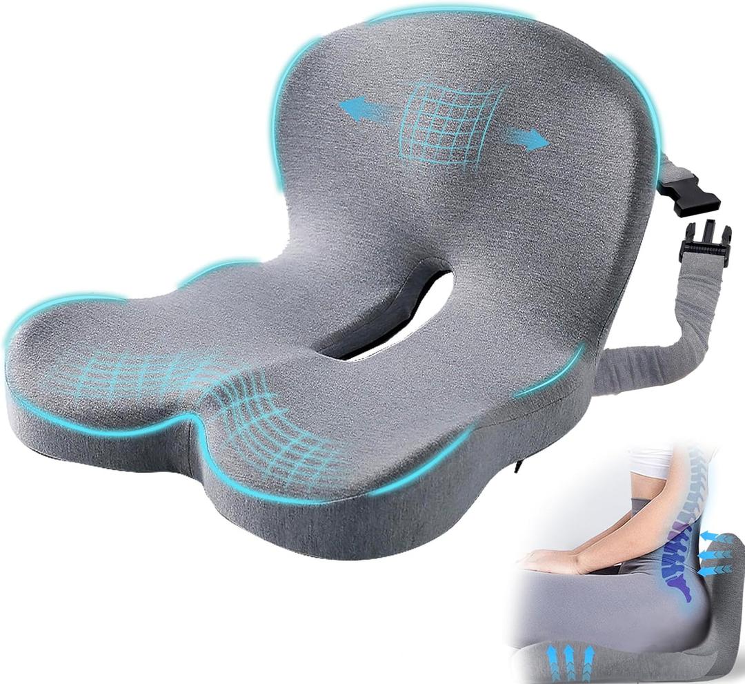 Ergonomic Seat Cushion with Adjustable Strap, Memory Foam Office Chair Seat Cushion with L-Shaped Design, Car Seat Cushion Fits for Truck Driver Semi Truck, Gaming Chair, Desk, Light Gray