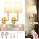 JKEYES Battery Operated Wall Sconces Set of Two, Gold Cordless Wall Sconce with 10000mAh RGB Dimmable Detachable Rechargeable Bulbs, 12 Colors Sconces Wall Decor for Bedroom Living Room Hallway