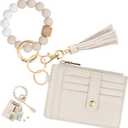 KNGITRYI Wallet Keychain Wristlet for Women, Slim RFID Credit Card Holder Purse Tassel Keychain Bangle Key Ring for Men Women (Beige)
