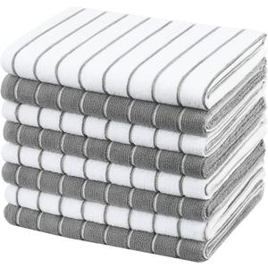 Microfiber Kitchen Towels, Stripe Designed, Soft and Super Absorbent Dish Towels, Pack of 8, 18 x 26 Inch, Gray and White