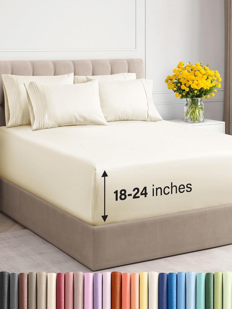 Extra Deep King Sheet Set - 6 Piece Breathable & Cooling Sheets - Hotel Luxury Bedding Set 18-24 Inch Extra Deep Pockets - Easy & Secure Fit - Super Soft, Wrinkle Free & Comfy - Off White, King Size