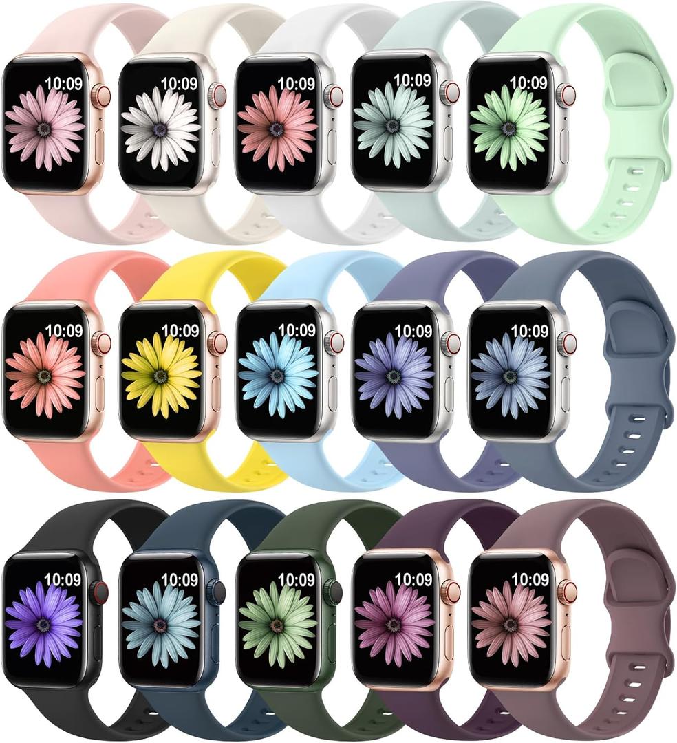 15 Pack Soft Silicone Bands Compatible with Apple Watch Band 40mm 41mm 38mm 45mm 44mm 42mm 46mm 49mm for Women Men,Sport iWatch bands Replacement Strap Wristbands for iWatch SE Series 10 9 8 7 6 5 4 3 (15pack-Novelty colors)