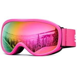 SPOSUNE Kids Ski Goggles, Kids Snowboard Goggles OTG Anti-Fog Snow Goggles for Boys Girls Youth Age 5-14 (Pink)