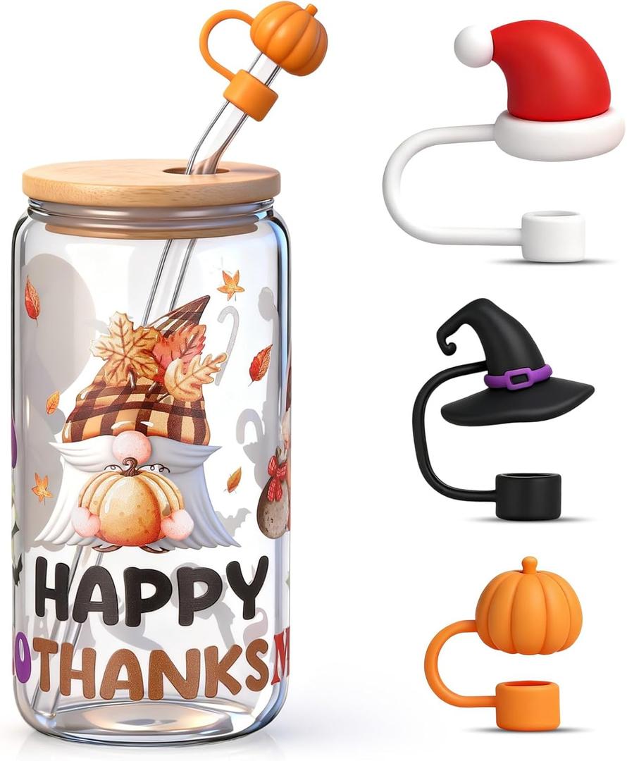 LemonRoad 1 Set Christmas Glass Cups with Lid and Straw 16 oz Happy Hallothanksmas Gnome Glass Coffee Cups Clear Holiday Tumbler Reusable Beer Mug Drinking Jar Gifts for Women Men Christmas