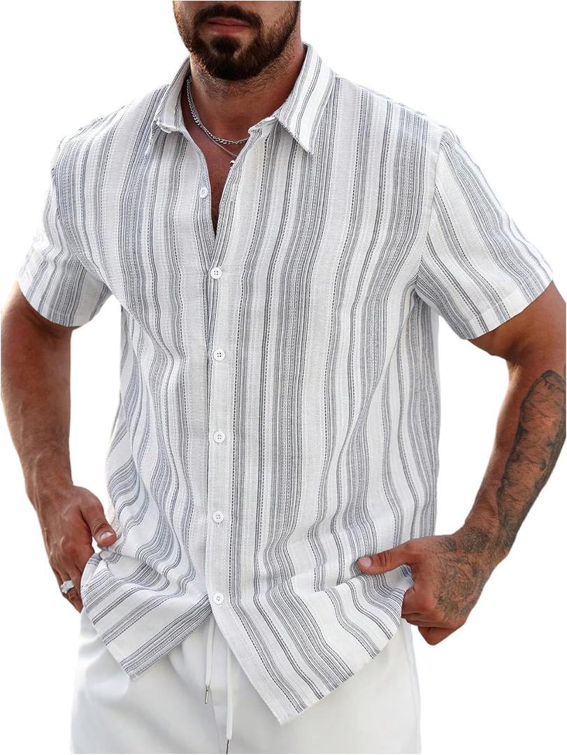 SHENHE Men's Summer Short Sleeve Button Down Striped Shirt Casual Beach Going Out Shirt (XXL)