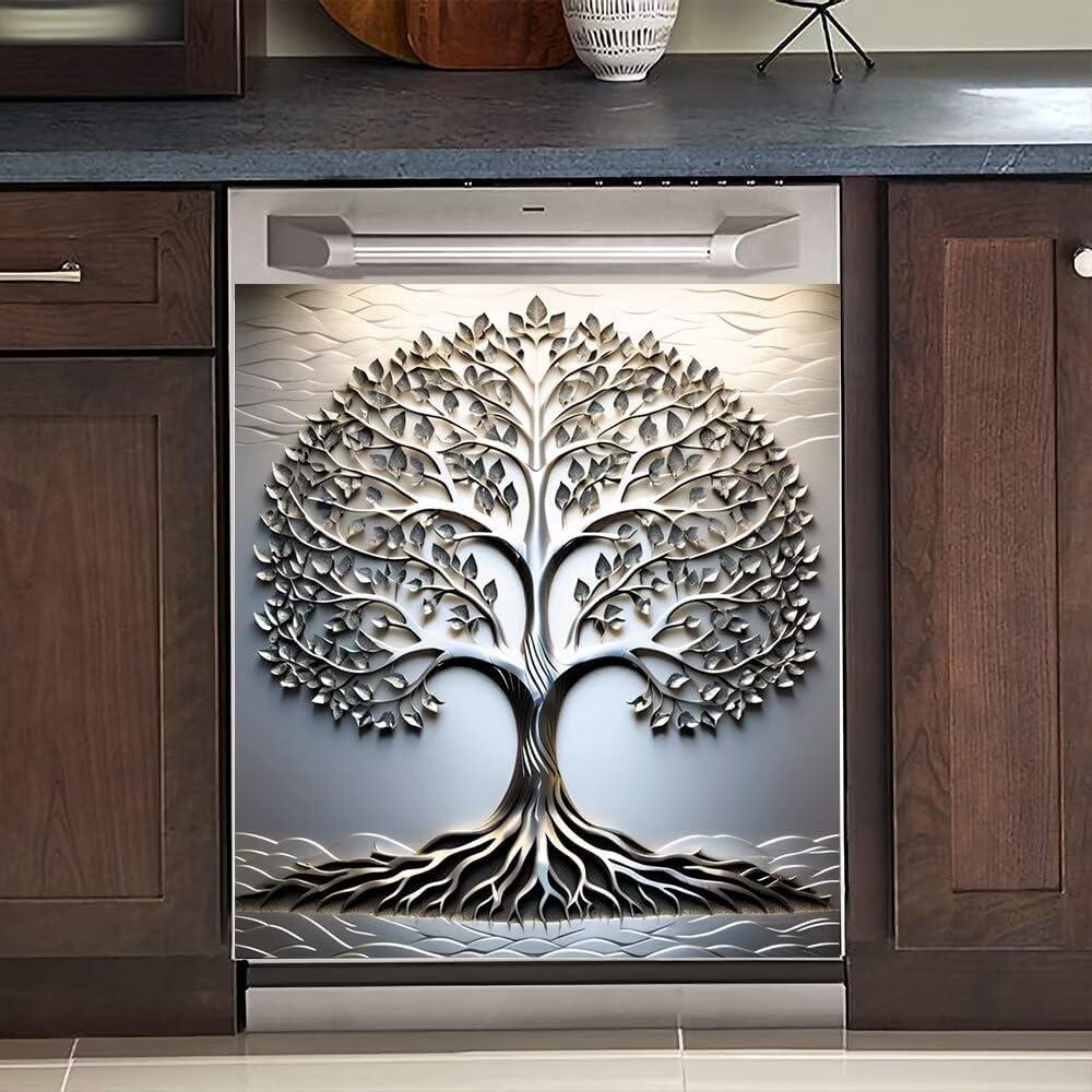 Metal Style Dishwasher Magnet Cover Vinyl Decal, Stainless Steel Tree of Life Pattern Fridge Magnets Refrigerator Stickers Modern Decoration Door Cover Reusable 23"" x 26"" Magnetic, Rimyy06-3