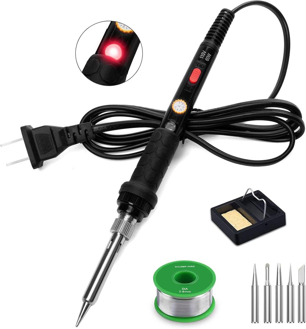 Soldering Iron Kit, 60W 110V Soldering Irons, Adjustable Temperature Soldering Welding Tool Kit with Extra 5pcs Tips, Stand, Sponge, Solder Wire (9-in-1)