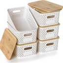 Plastic Storage Bins with Bamboo Lids, Stackable Small Box Baskets for Organizing and Containers for Shelves Drawers Desktop Closet Pantry Classroom Office Home, 6 Pack 10.2x7.2x4.1 Inch, White