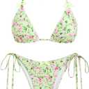 ZAFUL Bikini Sets for Women Halter Bow Decor Tiny Floral Gingham Print Swimsuit Tie Side 2 Pieces Bathing Suit (Large, 1-light Green)