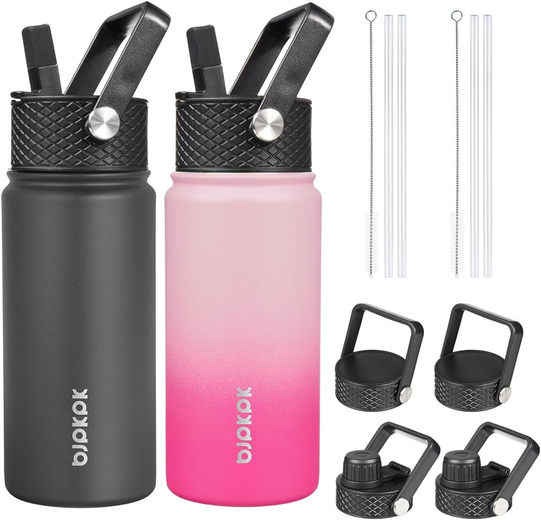 BJPKPK 2 Pack Insulated Water Bottles with Straw Lids, 18oz Stainless Steel Metal Water Bottle with 6 Lids, Leak Proof BPA Free Thermos, Cups, Flasks for Travel, Sports (Cherry+Black)