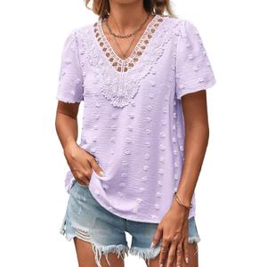 Falechay Summer Tops Chiffon Flowy Swiss Dots Blouses for Women Cute Boho Pullover Peasant V Neck Short Flutter Sleeve Light Purple Work Dressy Casual Spring Loose Business Plus Size 2Xl (Purple, XXL)