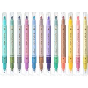 WRITECH Dual Tip Highlighter Markers: Aesthetic Fine & Chisel Tip Pastel Vintage Marker Multicolor Pens Pack No Bleed & Smear for Bible Highlighting Journaling, Assorted Colors 12ct