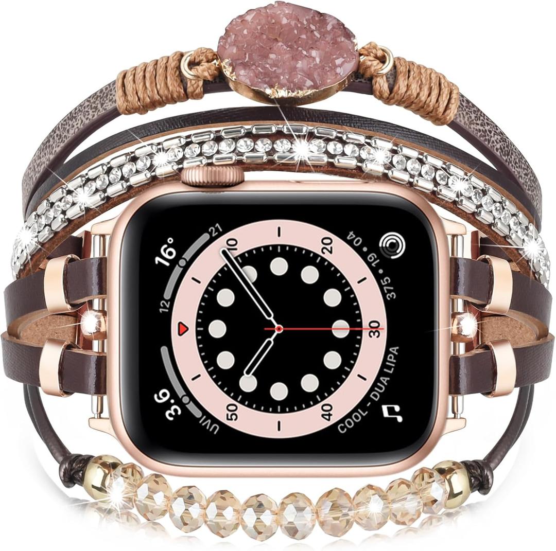 VISOOM Beaded Boho Bracelet Compatible for Apple Watch Band 40mm/38mm/41mm/42mm Series 10 9 8 7 SE Series 6/5/4 Women Leather Handmade Multilayer Wrap Watch Strap for iWatch Bands 3/2/1 Replacement
