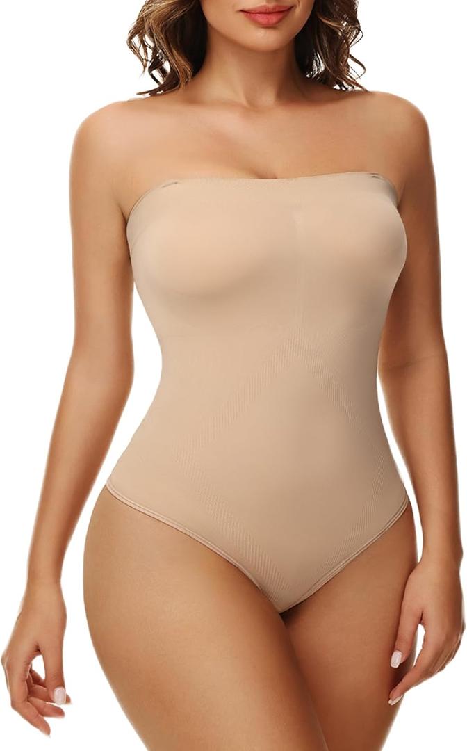 Strapless Shapewear Bodysuit for Women Thong Under Dress Bodysuit Tank Top (Small, Sienna-brief)