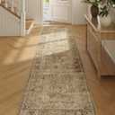 FMFUNCTEX 2x10 Runner Rug Brown Washable Vintage Neutral Distressed Non Slip Low Pile Indoor Carpet Retro Floral Hallway Entryway Rug for Kitchen Living Room Bedroom Bathroom Laundry Entry Bedside