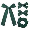 2 x 4 Pcs Dark Green Bows Set Accessories for Hair, Dark Green Scrunchie and Alligator Hair Clips Long Ponytail Bow Knot Linen Satin Hair Accessories for Women and Girls (3 Styles)
