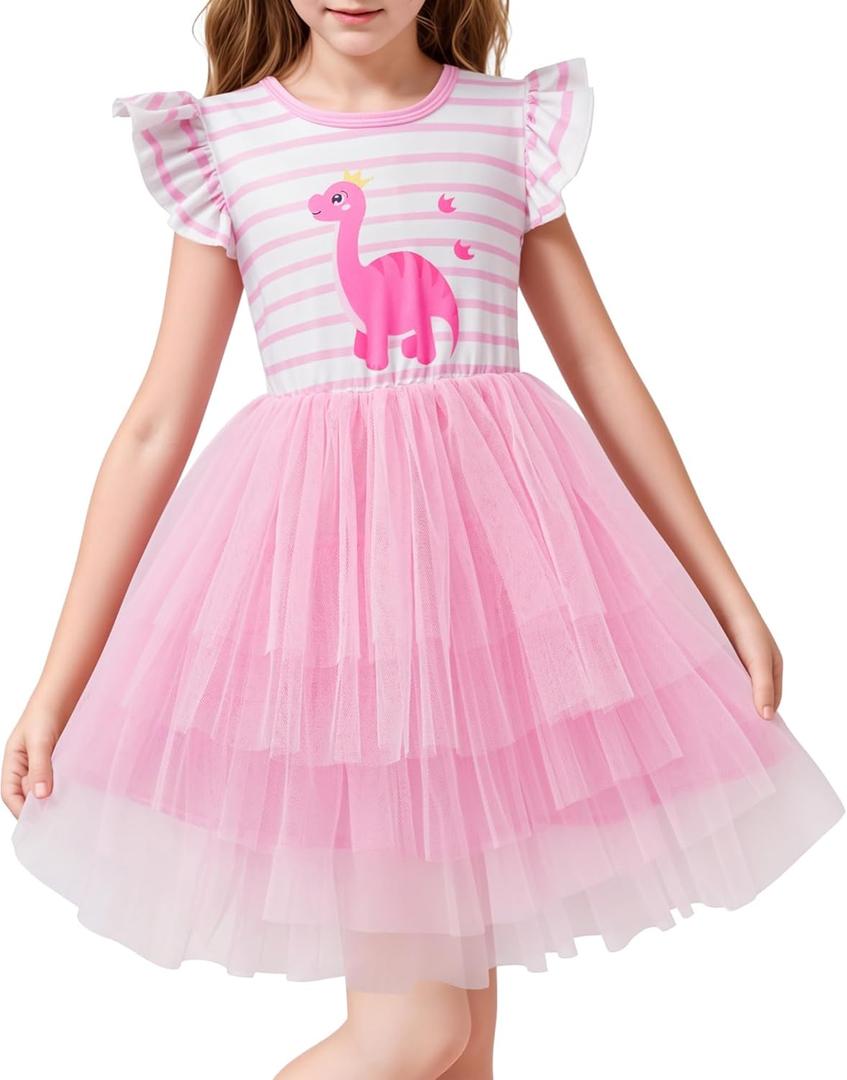 LQSZ Girls Tulle Dresses Princess Flutter Sleeve Tutu Dress for Toddler Girl 3-12 Years (Pink)