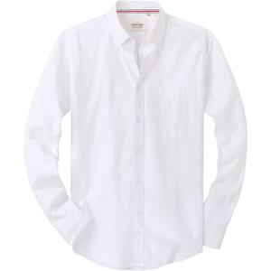 Alimens & Gentle Men's Solid Oxford Shirt Long Sleeve Dress Shirt Work Casual Button Down Shirts with Pocket (Large, White)