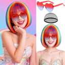 PLULON Colorful Bob Wig with Heart Sunglasses for Women Men, Colorful Short Funny Bob Wigs with Bangs Black Hair Cap Colored Cosplay Hairpieces for Christmas Halloween Costume Neon Bachelorette Party