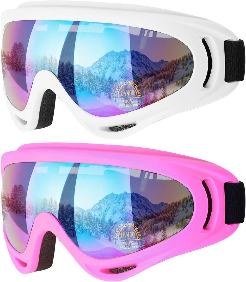 COOLOO Ski Goggles, 2 Pack Snow Goggles Snowboard Goggles for Men Women Kids - UV Protection Foam Anti-Scratch Dustproof (One Size, 03.white/Pink)