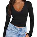 PINKMSTYLE Womens Sexy V-Neck Long Sleeve Tops Slim Fit Double Lined Tee Trendy Club Outfits Lace Tops 2024 Black Medium