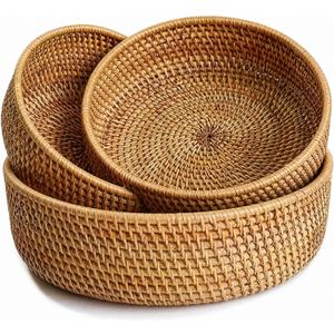Fruit Basket Set, Wicker Basket Rattan Fruit Bowls, Round Bread Baskets, Handwoven Storage Basket, Natural Serving Bowls Kitchen Counter Dining Room Snack Vegetable 8.7, 10.2, 11.2 (Set of 3)