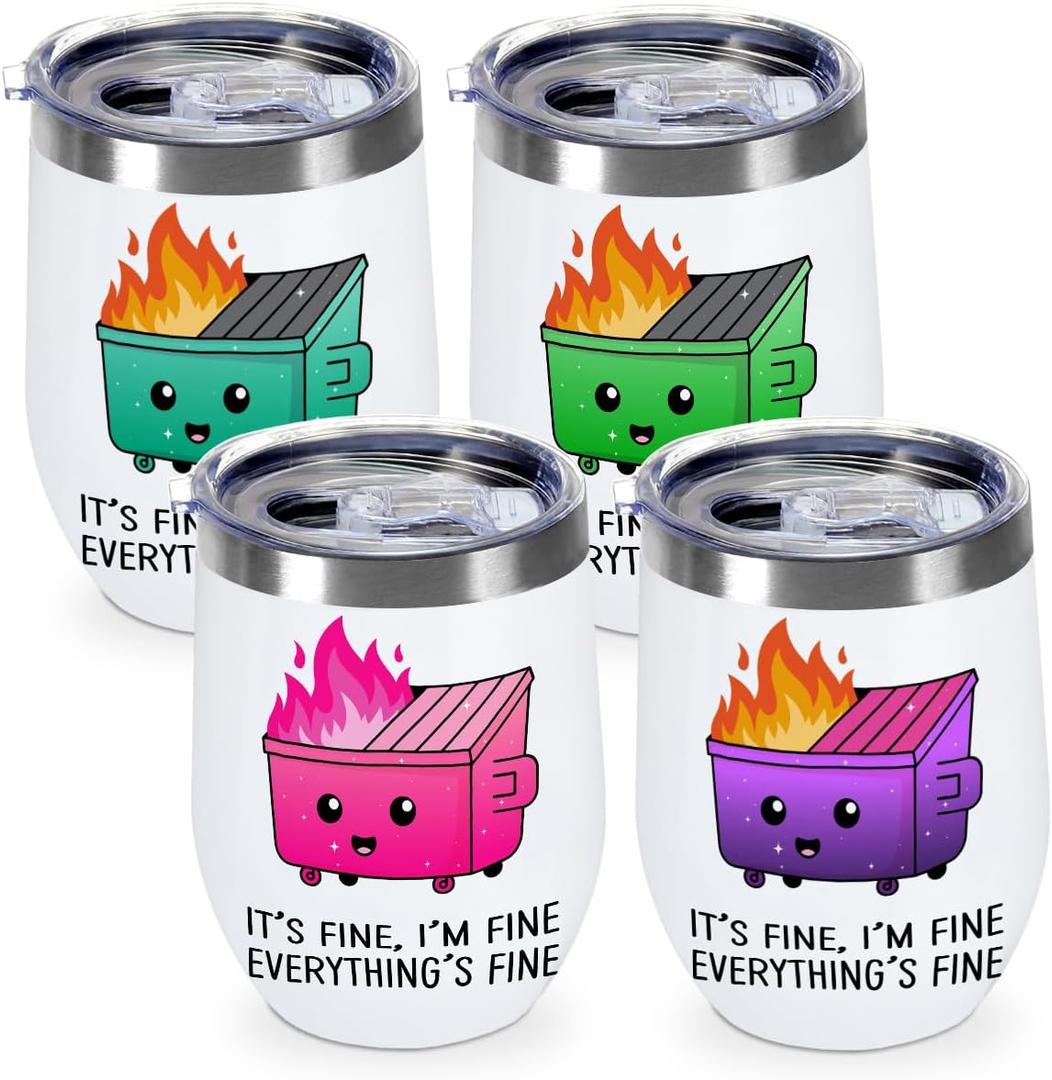 4 Pcs Funny Everything Is Fine Tumbler Cup, 12 oz Insulated Coffee Mug, Double Wall Vacuum Travel Mugs, Heat Insulation Stainless Steel Cups, Leak-Proof Wine Tumbler for Home Office Travel Camping