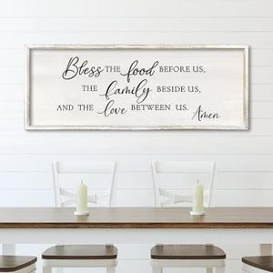 Bless the Food Before Us Wall Decor Sign 32" X 12" Dining Room Wall Decor Framed Wood for Large Farmhouse Vintage Prayer Catholic Kitchen Wall Hanging Scripture Bible Verse Art (White)